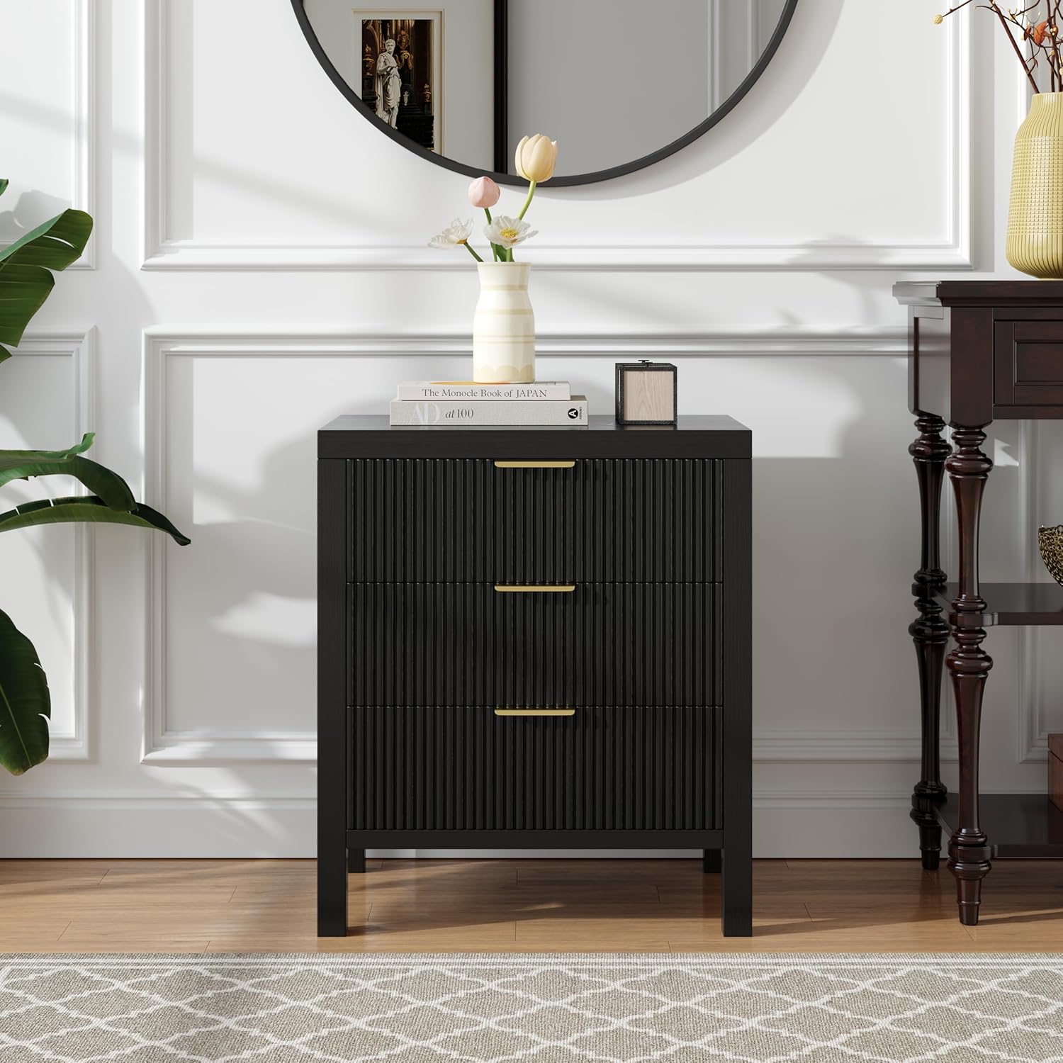 Fluted Nightstands Set of 2, Wooden Farmhouse Night Stands with 6 Drawer Bedside Table - Boho Tall End Table Accent Table for Bedroom, Living Room, （Black 2PCS）