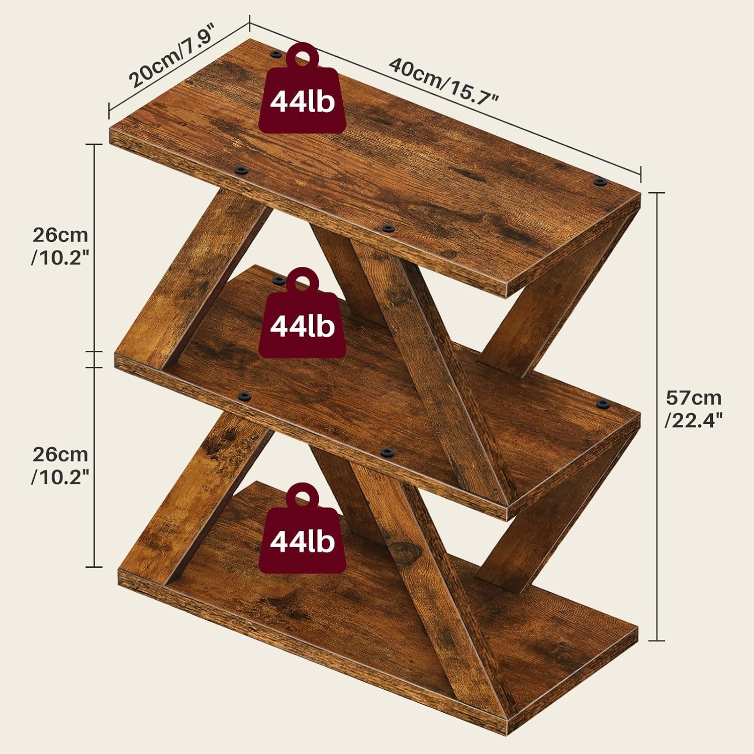 Set of 2 Side Table with Side Guard Rails & Anti-Slip Pads, 3 Tier Narrow End Table for Small Spaces, Slim Nightstand with Storage Shelves for Bedroom, Living Room, Rustic Brown