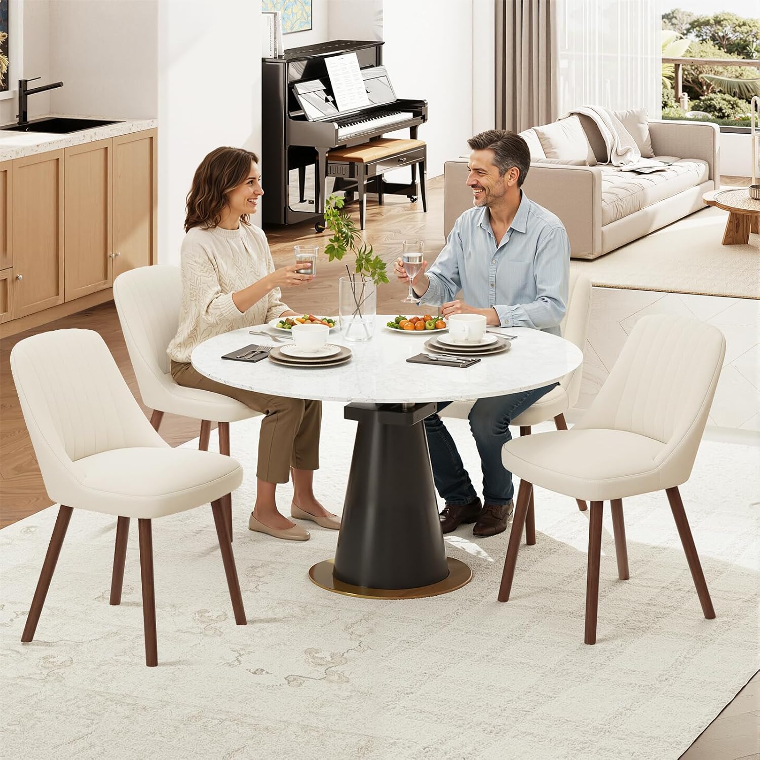 MALOL Upholstered Dining Chairs Set of 4, Modern Fabric Kitchen Chairs with Back, Wood Legs for Kitchen Dining Room Restaurant, Beige