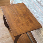 Solid Wood C-Shaped End Table with Wheels, Walnut Slide Under Sofa Side Table with Storage Shelf, Mobile Accent Table for Living Room Bedroom