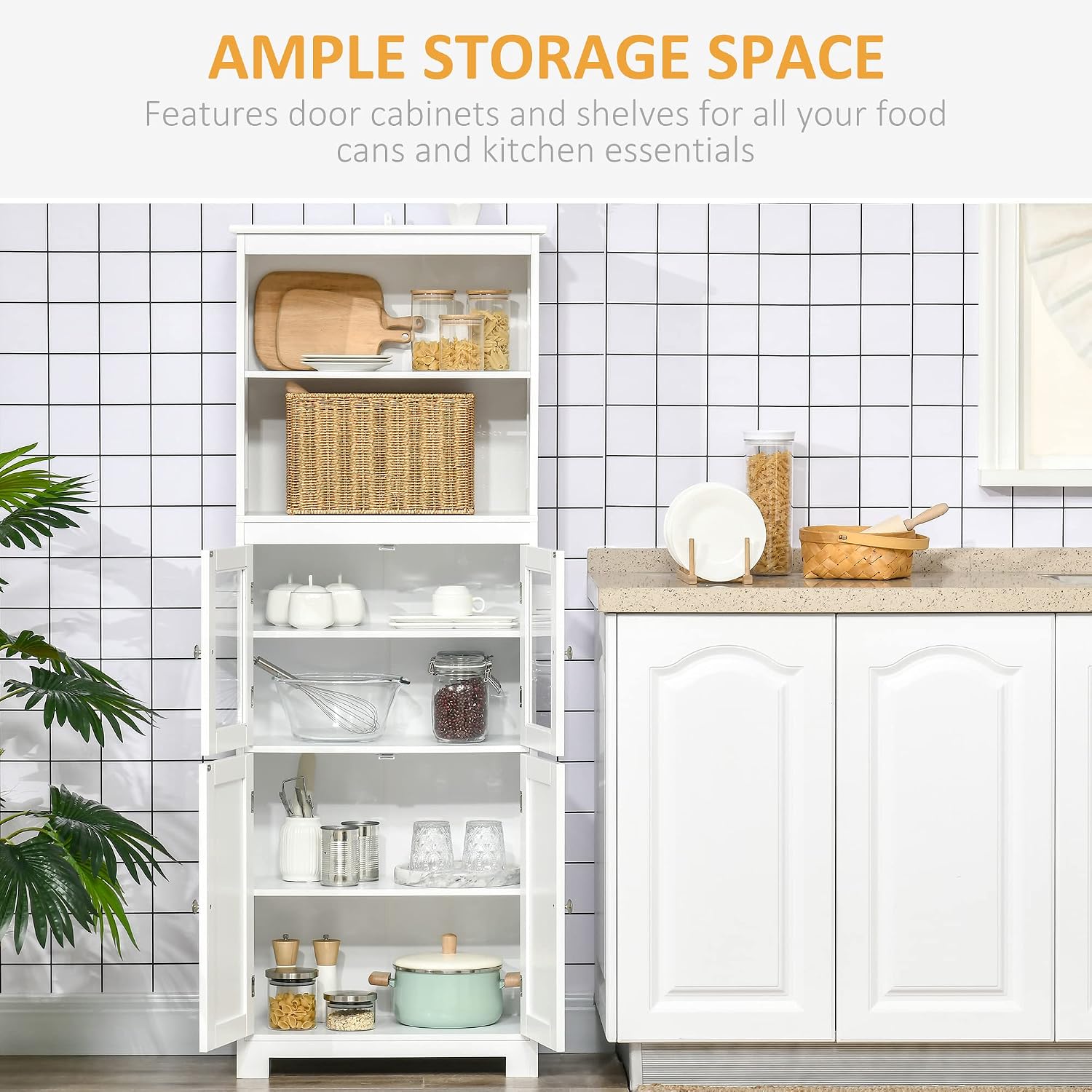 63" Small Buffet with Hutch, 4-Door Kitchen Pantry, Freestanding Storage Cabinet with Adjustable Shelf for Dining Room, Living Room, White,11.75 * 23.5 * 63.75