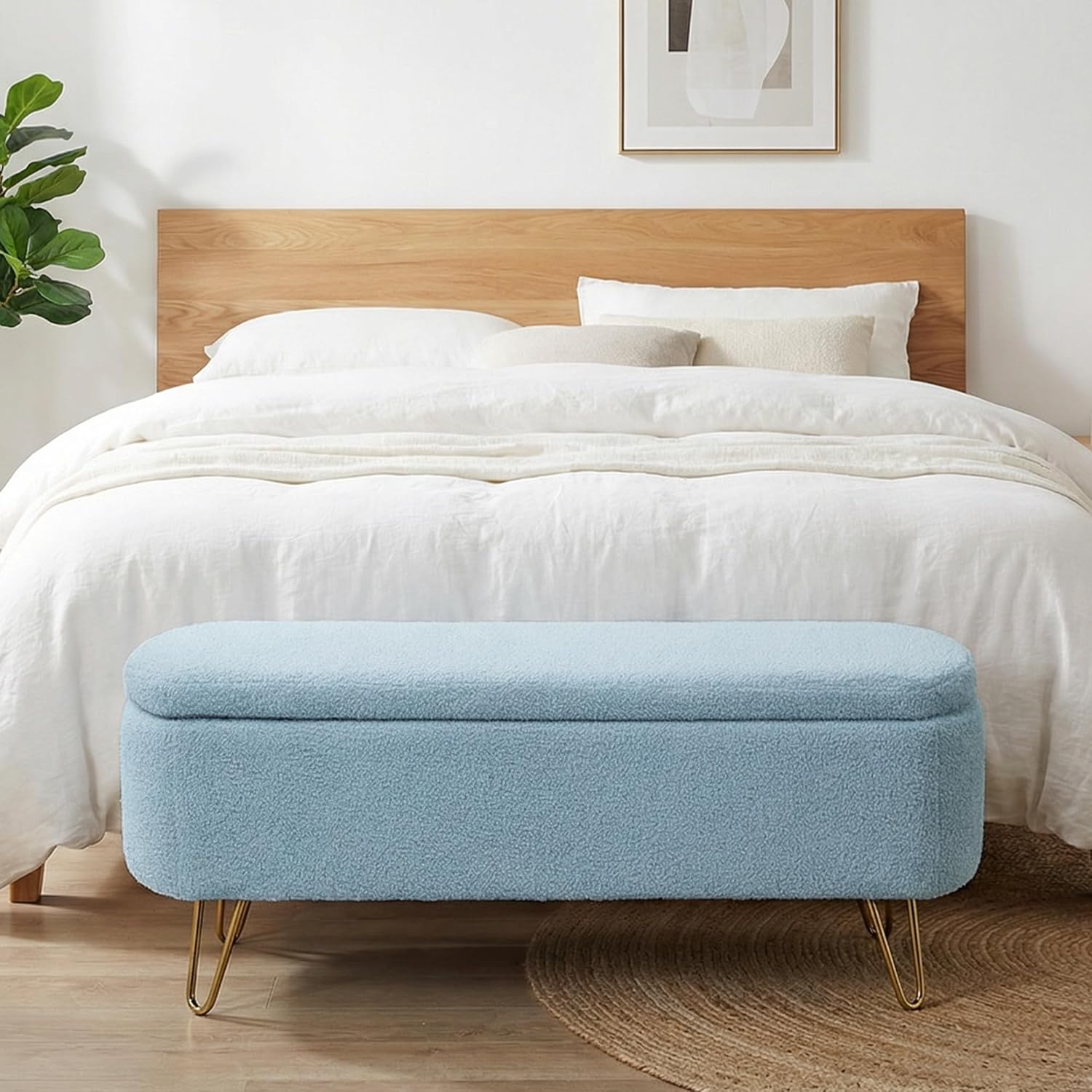 Ottoman with Storage, Small Boucle Storage Ottoman Bench,Upholstered Entryway End of Bed Bench with Cushion and Gold Legs for Bedroom Living Room, Light Blue