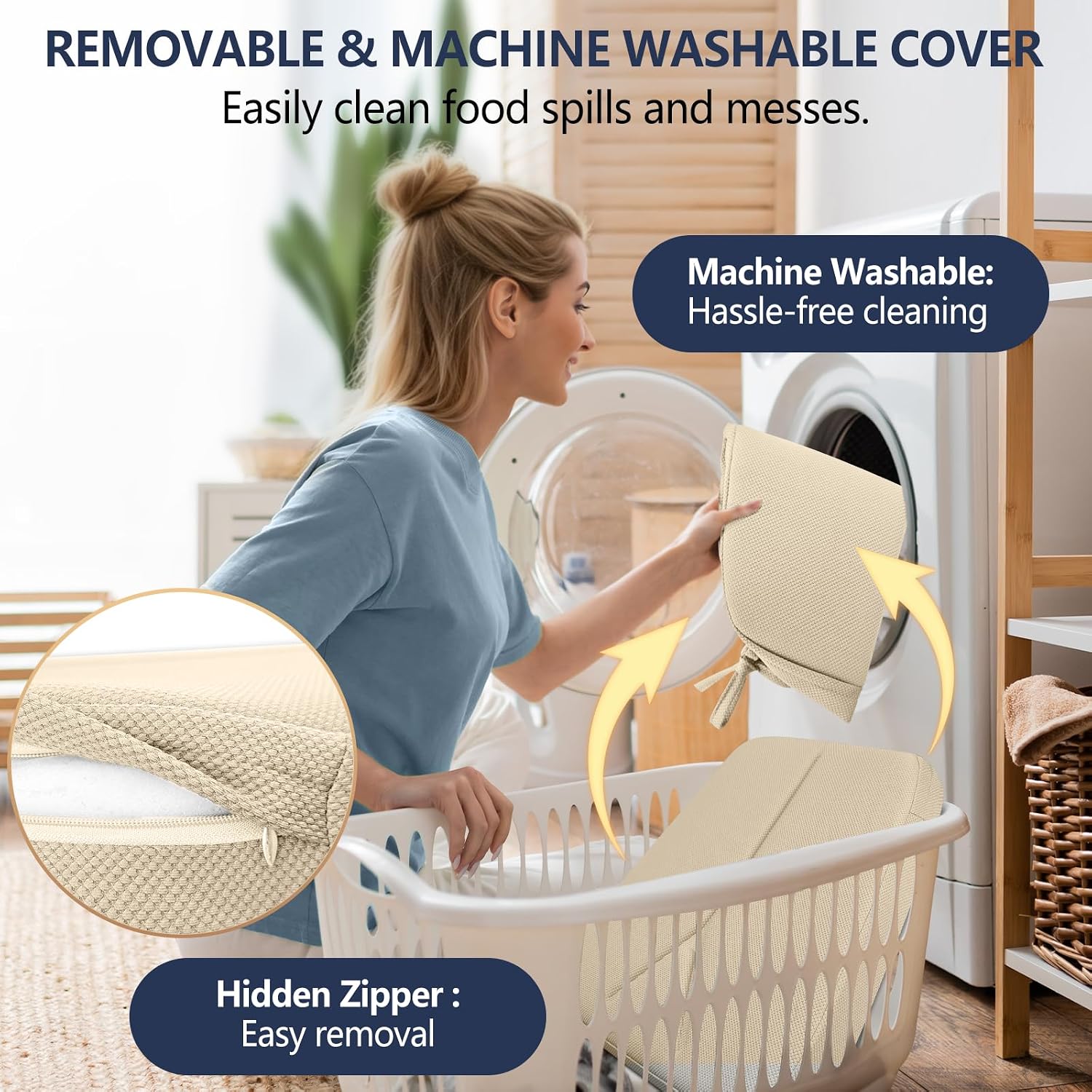 2.5" ThickChair Cushions for Dining Chairs Set of 4, D-Shaped Seat Cushions with Removable Washable Cover and Ties, Non-Slip Chair Pads for Kitchen, Indoor Dining Room, Patio Chairs (Beige)