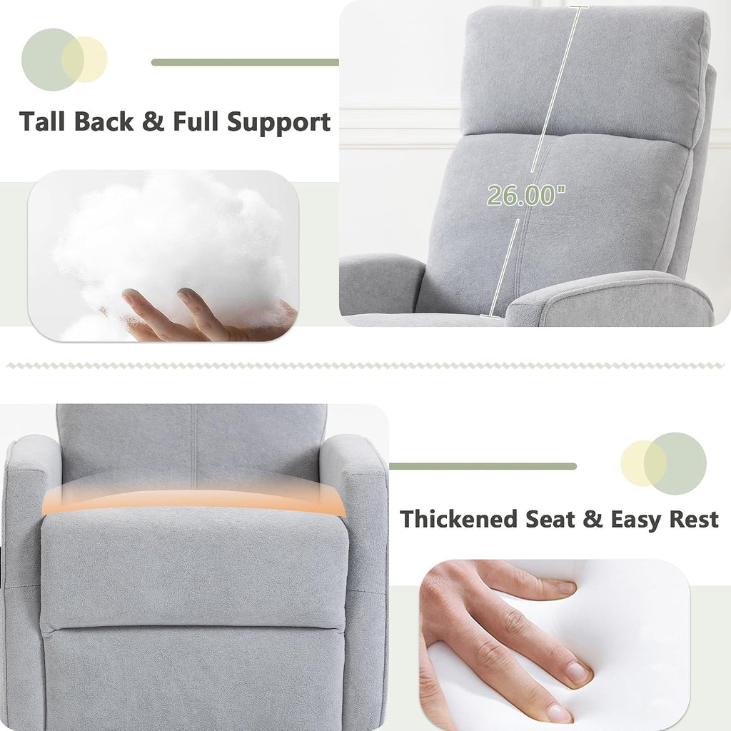 Heated Massage Swivel Rocker Recliner Chair for Nursery - Small Space Reclining Chair with Lumbar Support, 360° Swivel & Gentle Rocking, Ergonomic High Back Short Plush Light Grey
