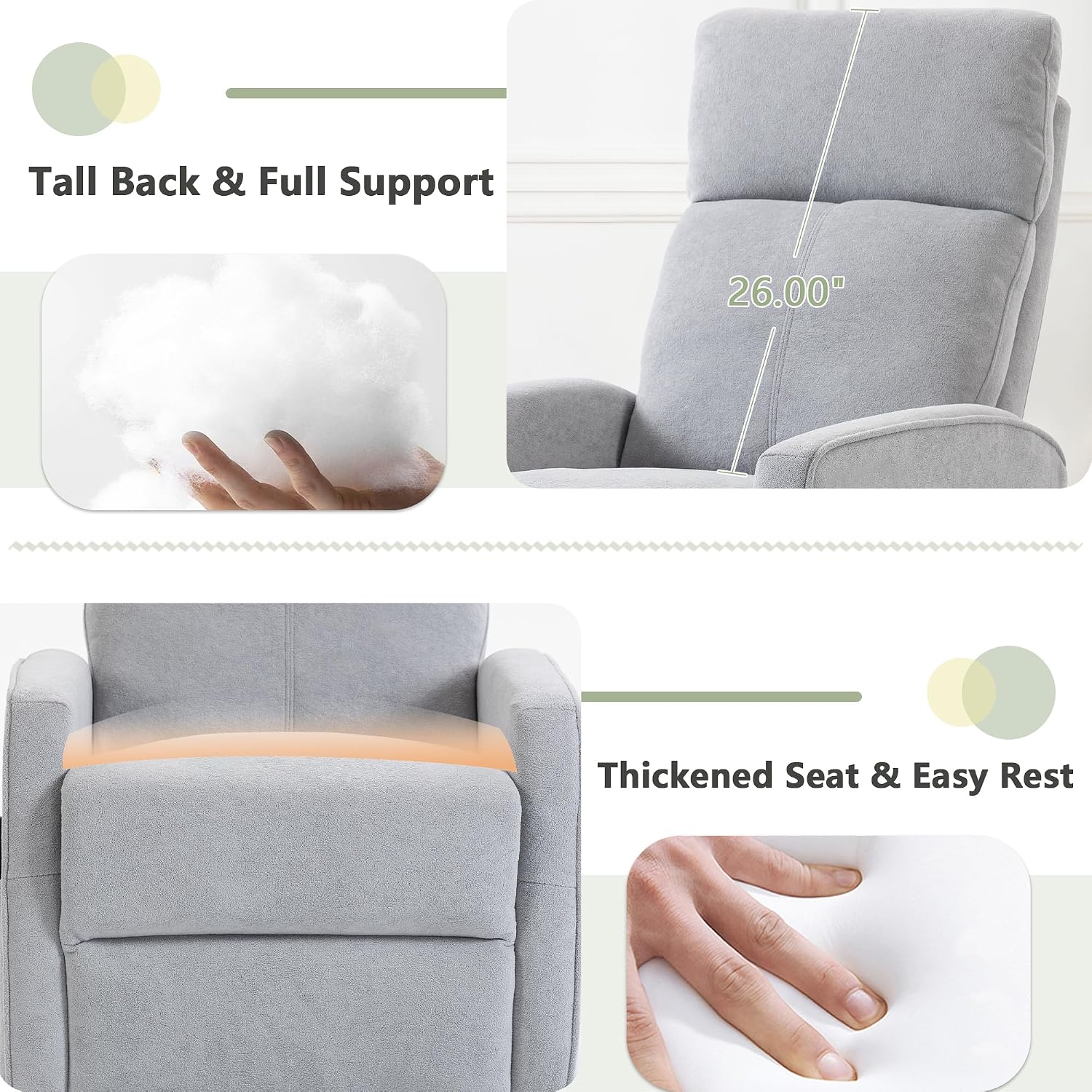 Heated Massage Swivel Rocker Recliner Chair for Nursery - Small Space Reclining Chair with Lumbar Support, 360° Swivel & Gentle Rocking, Ergonomic High Back Short Plush Light Grey