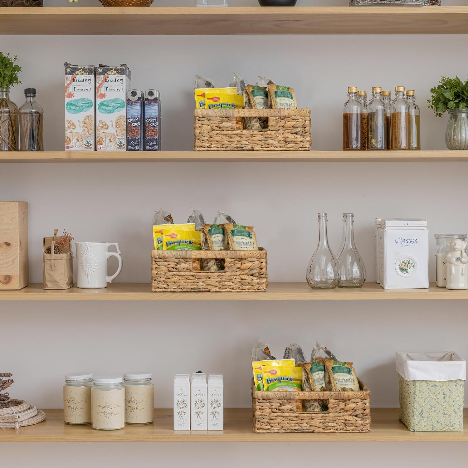 StorageWorks Pantry Baskets, Wicker Storage Baskets for Organizing, Shelves, Pantry Organizers and Storage, Water Hyacinth, 13" L x 10¼"W x 4 ¾"H