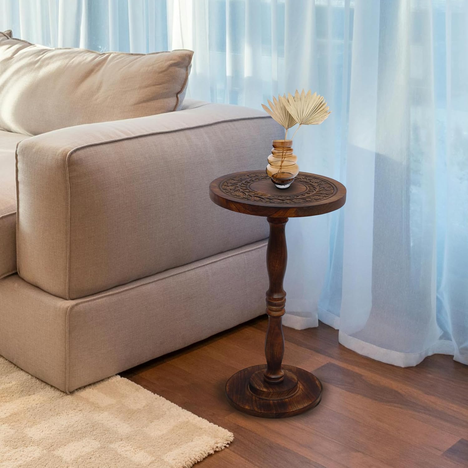Rustic Wooden End Table 12x22 - Handcrafted Carved Side Table, Burnt Finish Bedside Table for Bedroom, Small Accent Table or Nightstand for Living Room