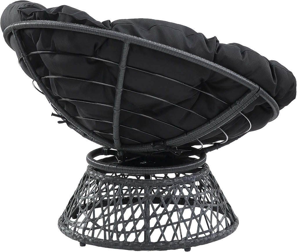 OSP Home Furnishings Wicker Papasan Chair with 360-Degree Swivel, Grey Frame with Black Cushion