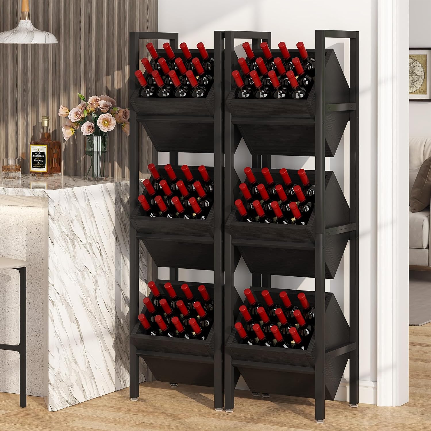 Tribesigns Wine Rack Freestanding Floor, 3 Tier Wooden Wine Storage Stand, Wobble-Free Wine Holder Display Shelf Liquor Bottle Organizer for Kitchen, Cellar (Black)