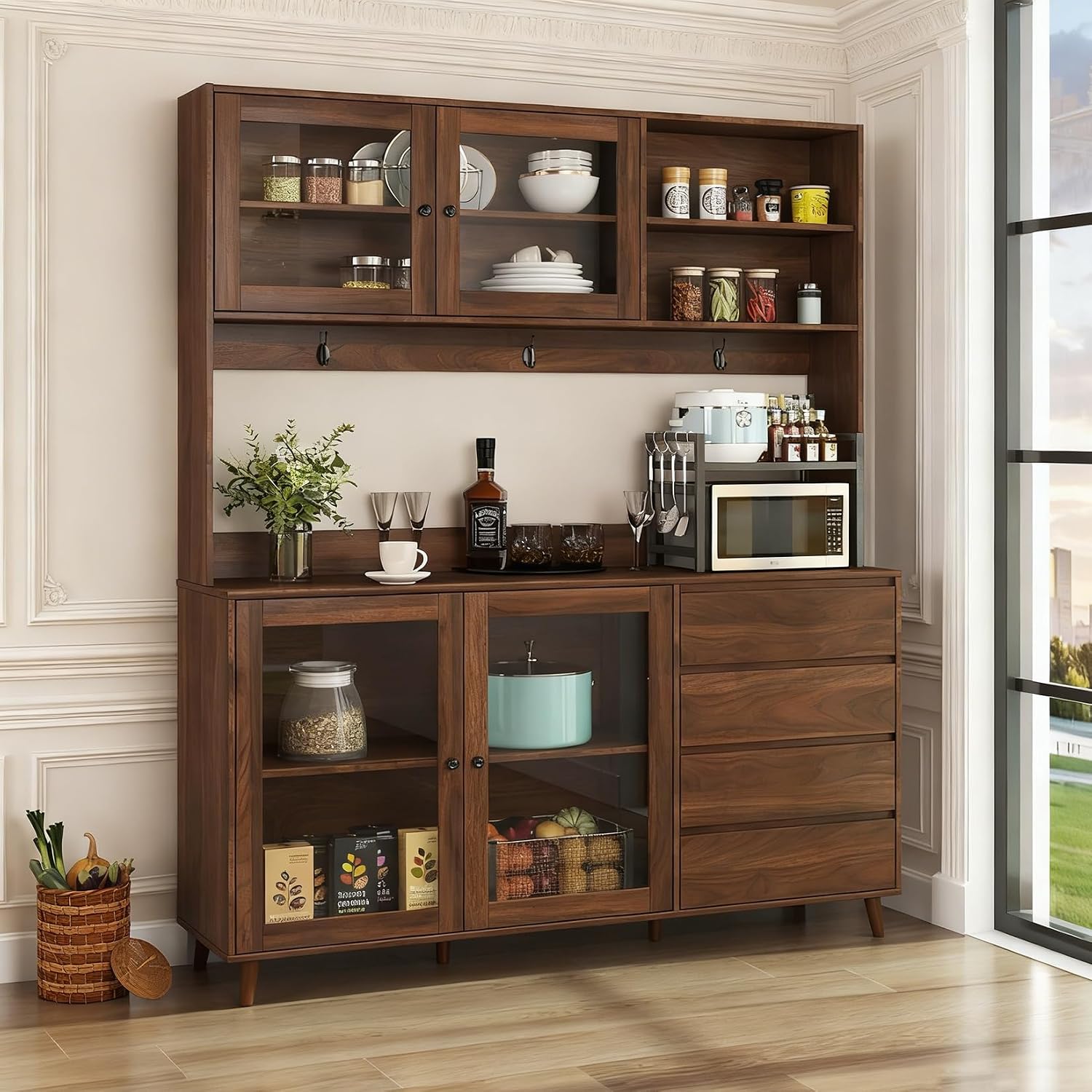 74.8" Tall Farmhouse Pantry Storage Cabinet, Large Kitchen Hutch Cabinet with Microwave Shelf, Farmhouse Kitchen Pantries Cupboard with 4 Doors, 4 Drawers for Living Room, Kitchen Dining Room, Walnut