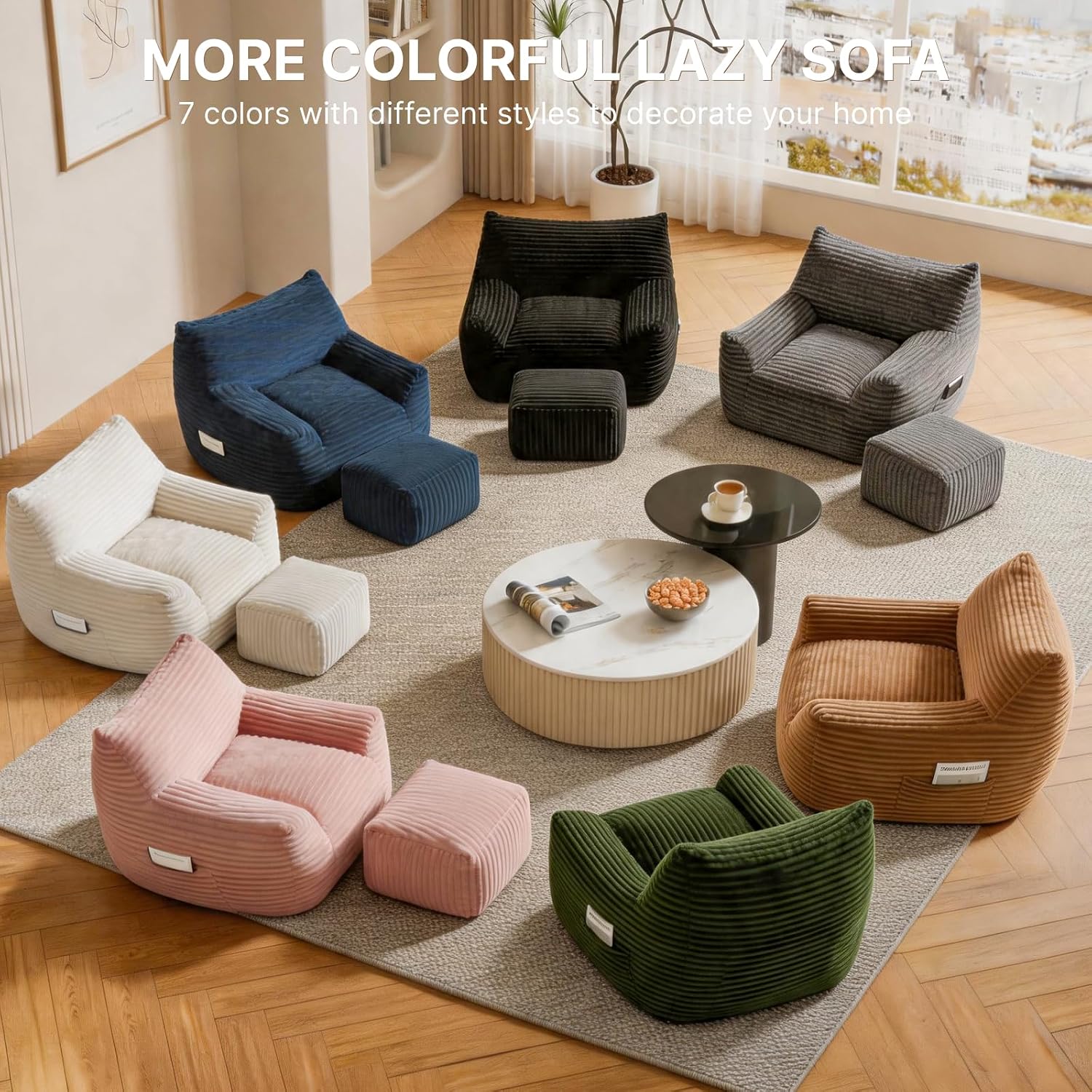 Oversized Bean Bag Chair with Ottoman, Bean Bag Couch with 2 Side Pockets, Corduroy Boneless Couch Chair in a Box, Comfy Lounge Chair for Living Room, Bedroom, Dorm, Pink