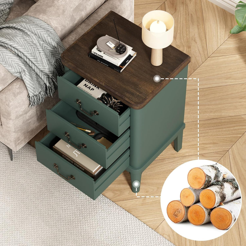 Wnutrees Farmhouse Nightstand with 3 Drawers，Modern Bedside Table with Round Curved Corner and Metal Handles, Wood End Side Table for Living Room, Hallway, Green