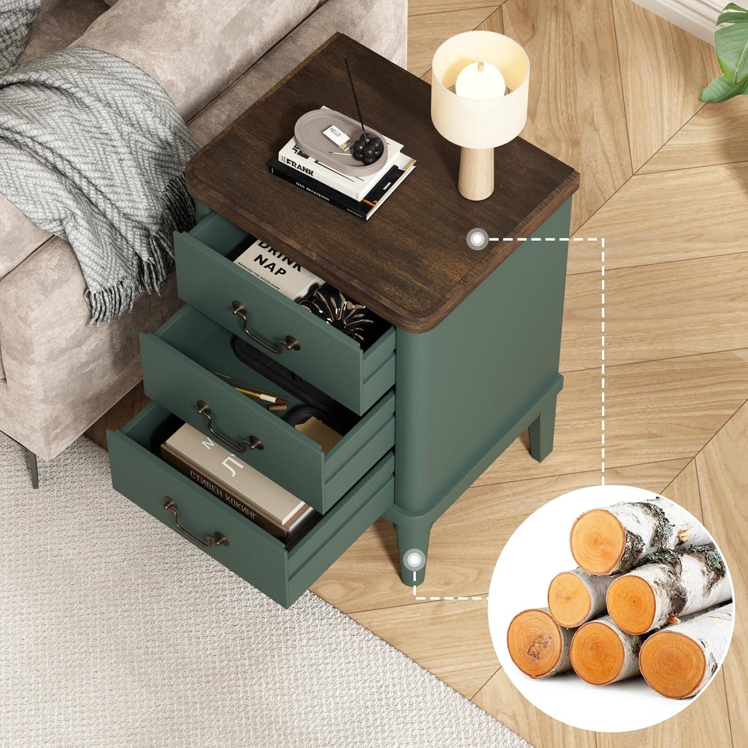 Wnutrees Farmhouse Nightstand with 3 Drawers，Modern Bedside Table with Round Curved Corner and Metal Handles, Wood End Side Table for Living Room, Hallway, Green