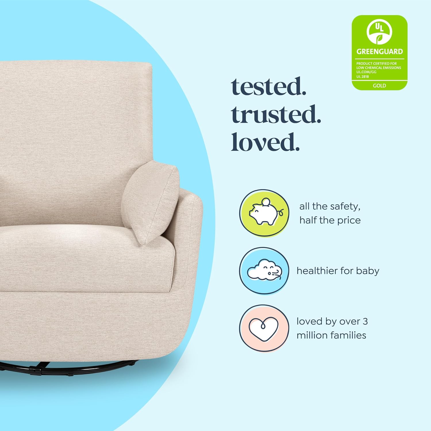 Davinci Juno Swivel Glider, GREENGUARD Gold Certified, Beach | FSC & CertiPUR-US Certified Glider w/ 360° Swivel & Metal Base - Spacious Seating for Extra Comfort - Fully Assembled
