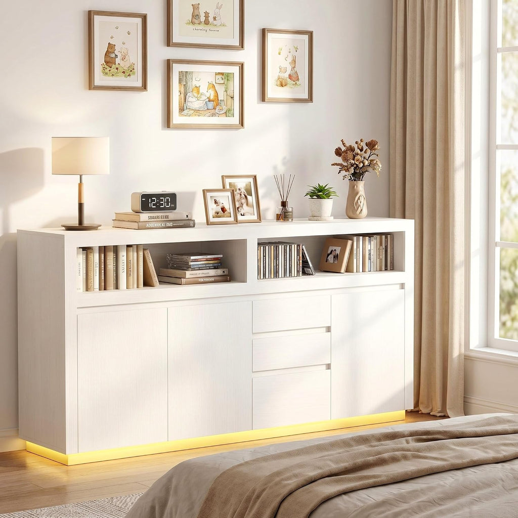 FOTOSOK 63" Sideboard Buffet Cabinet with Storage, Modern Kitchen Buffet Cabinet with Drawer, Kitchen Storage Cabinet with Power Outlet & LED Light, Coffee Bar Cabinet for Kitchen, Living Room, White