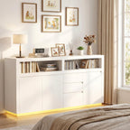 FOTOSOK 63" Sideboard Buffet Cabinet with Storage, Modern Kitchen Buffet Cabinet with Drawer, Kitchen Storage Cabinet with Power Outlet & LED Light, Coffee Bar Cabinet for Kitchen, Living Room, White