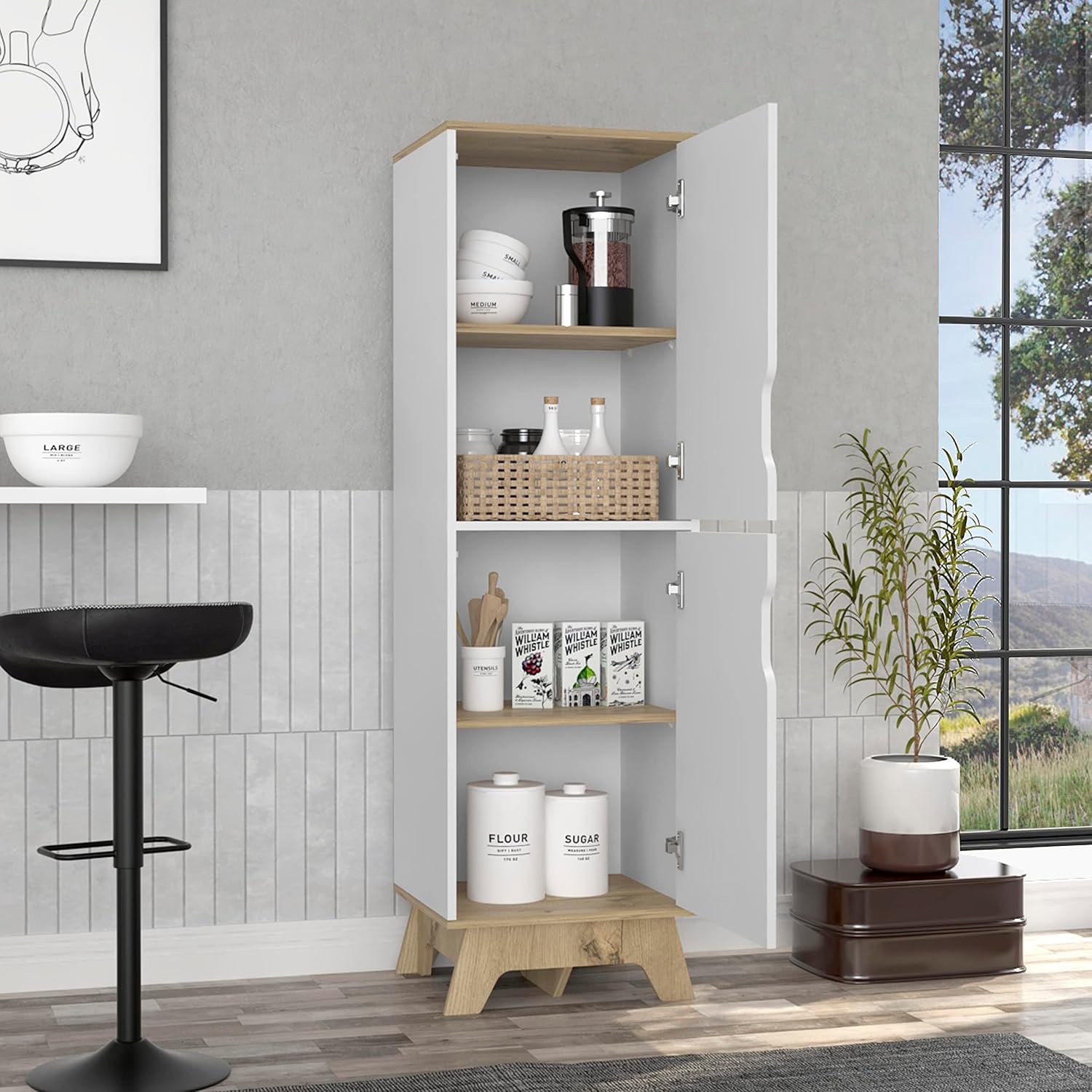 Pamplona Microwave Tall Cabinet with Double Doors - Light Oak & White Combo