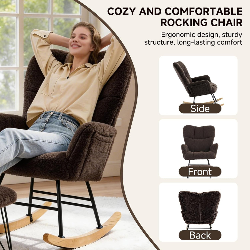 KEEZY Nursery Rocking Chair with Footrest,Teddy Upholstered Glider Rocker Rocking Accent Chair Padded Seat with High Backrest Armchair Comfy Side Chair for Living Room Bedroom (Teddy)