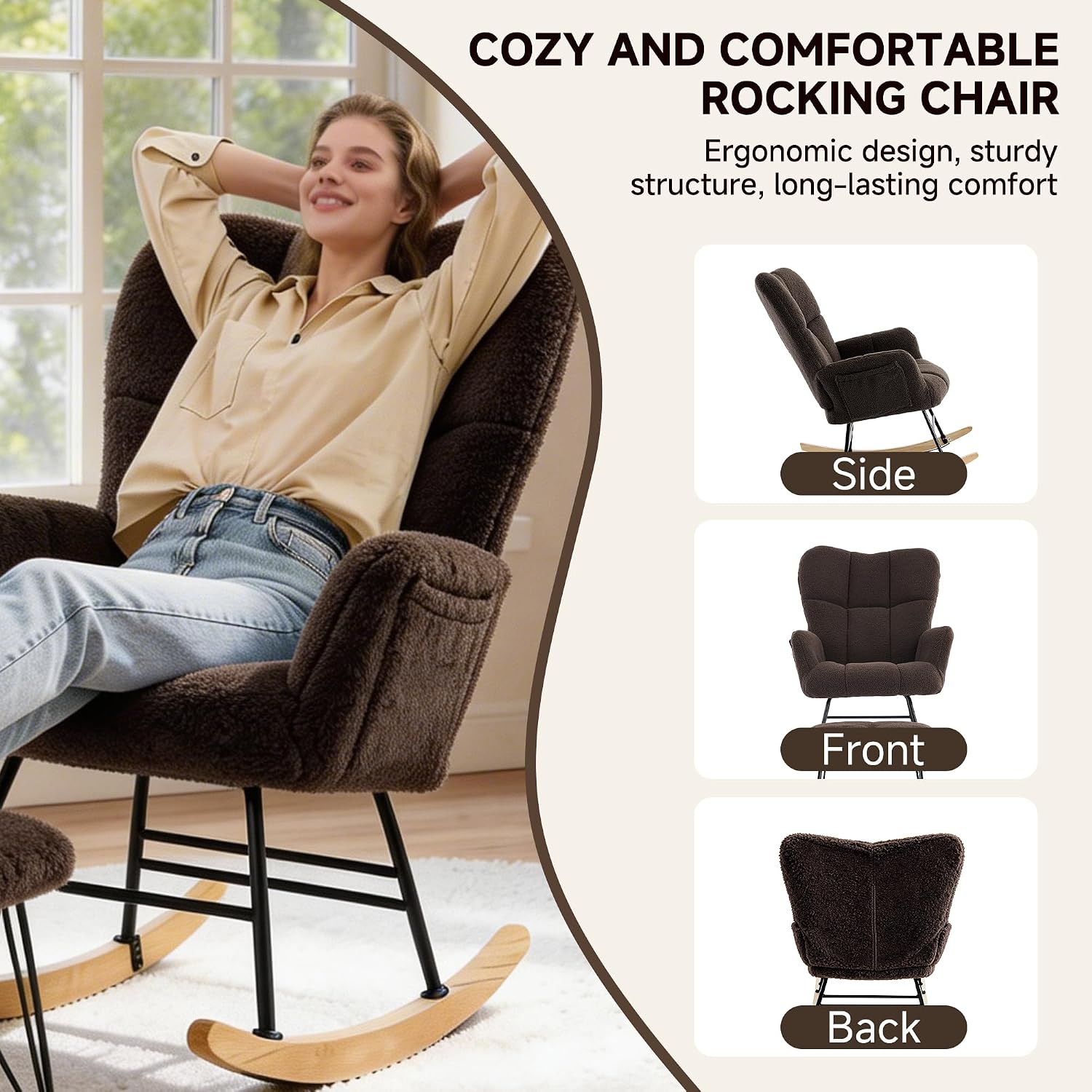 KEEZY Nursery Rocking Chair with Footrest,Teddy Upholstered Glider Rocker Rocking Accent Chair Padded Seat with High Backrest Armchair Comfy Side Chair for Living Room Bedroom (Teddy)