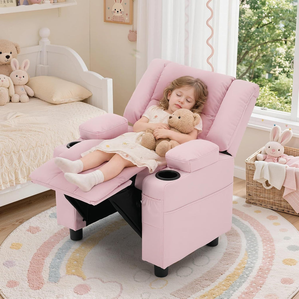 Korser Kids Recliner Chair, Toddler Recliners with Adjustable Push Back Design, Kids Recliner Sofa with Cup Holder, Footrest & Side Pockets for Boys Girls Room. (Pink, 110 lbs Capacity)