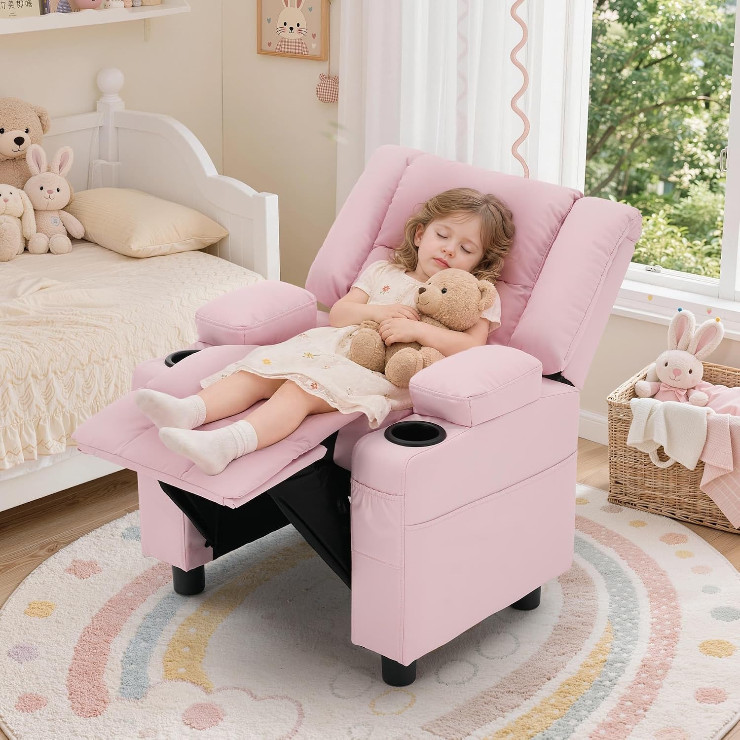 Korser Kids Recliner Chair, Toddler Recliners with Adjustable Push Back Design, Kids Recliner Sofa with Cup Holder, Footrest & Side Pockets for Boys Girls Room. (Pink, 110 lbs Capacity)