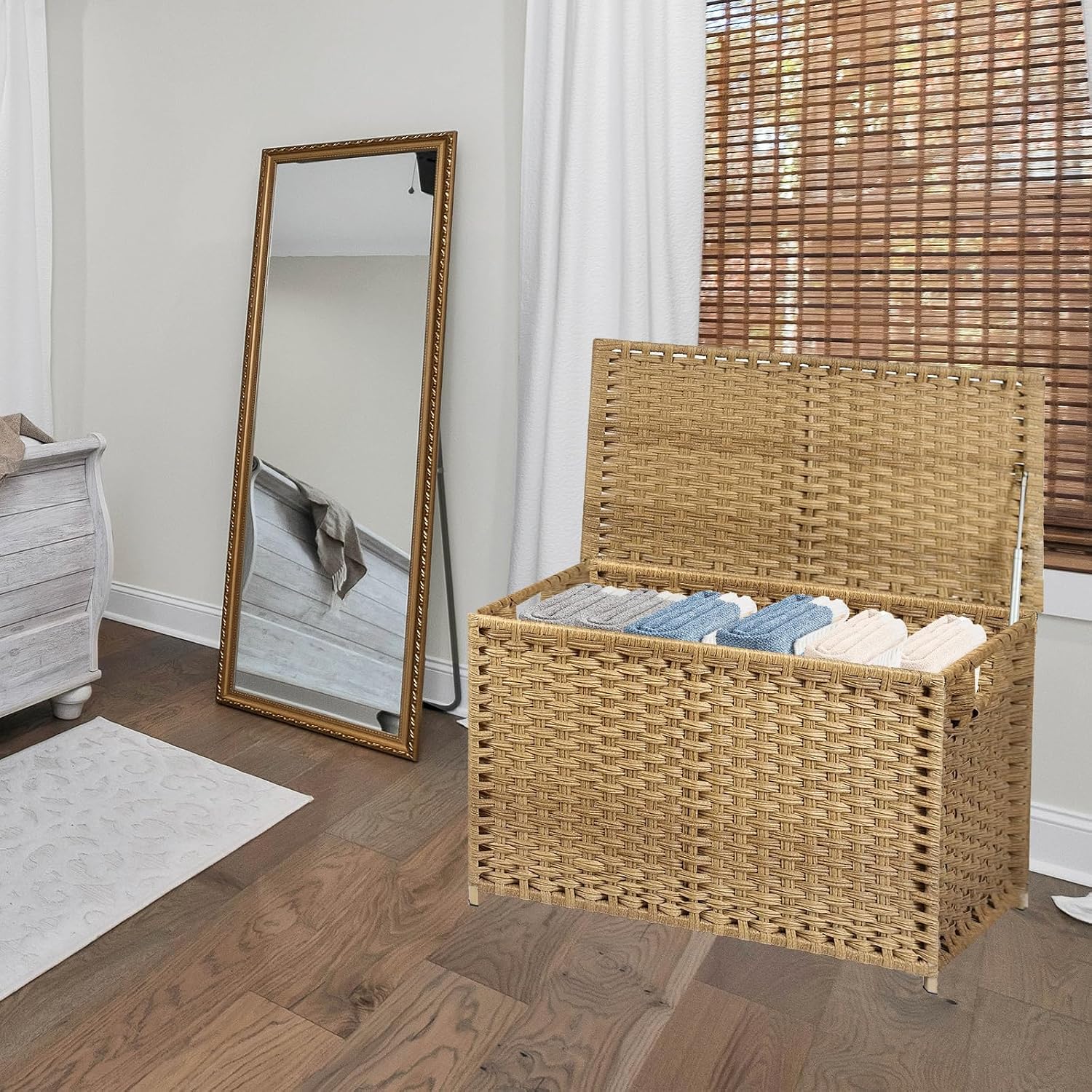 Wicker Storage Trunk, Large Storage Basket with Lid,Rural Natural | Handwoven Wicker Chest with Stay-Open Lid, 30 x 17 x 18 in, 160L（42.3 Gallon）Metal Frame, Easy to Assemble, Supports 200lb