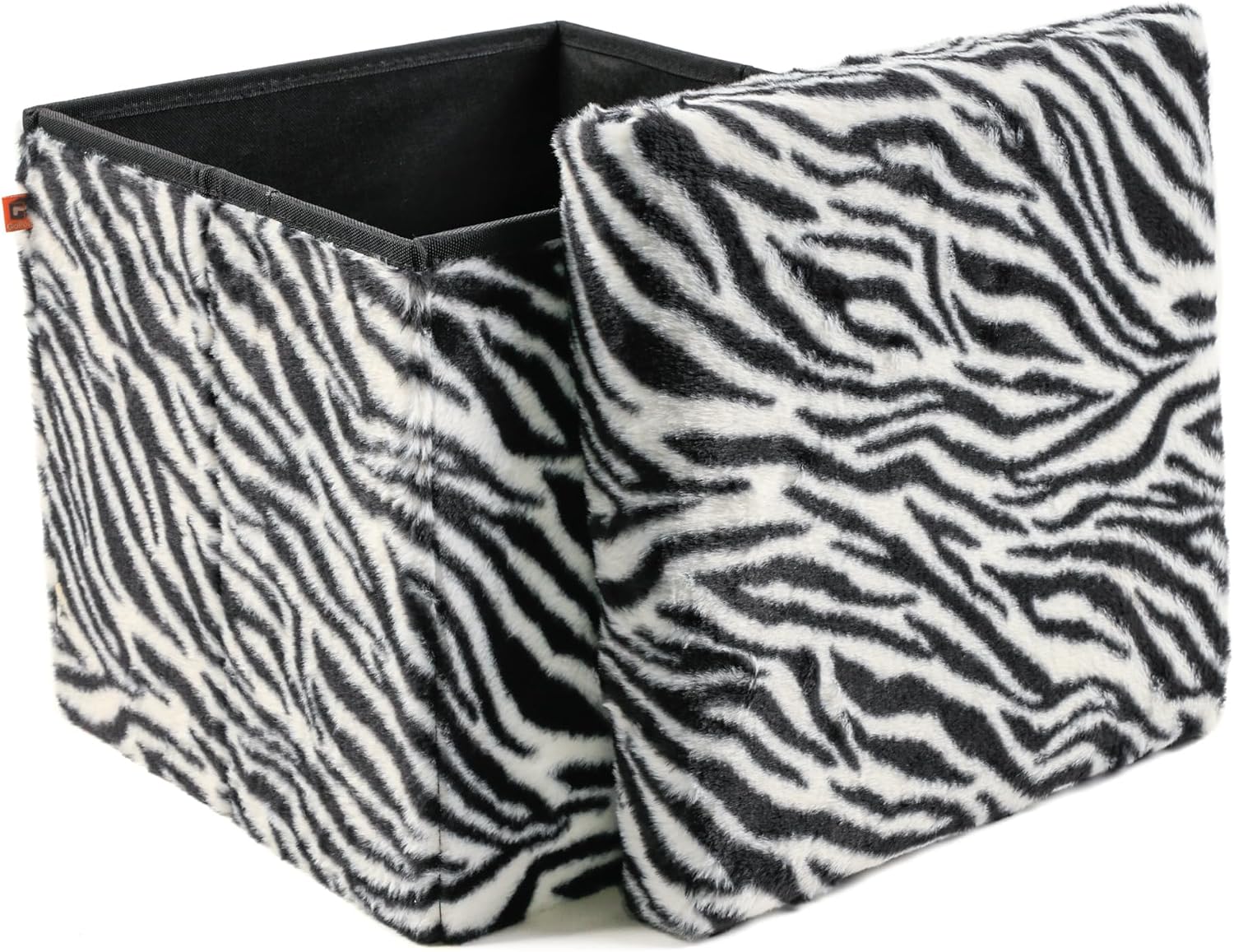 Luxe L 100% Faux Fur Go-Poufs Knock-Down Medium Cube Storage Ottoman, 15"x15"x15", Zebra Black/White, Sleek Seating, Footrest Organizer For Living Room Bedroom Nursery, Easy Setup Modern Compact Piece