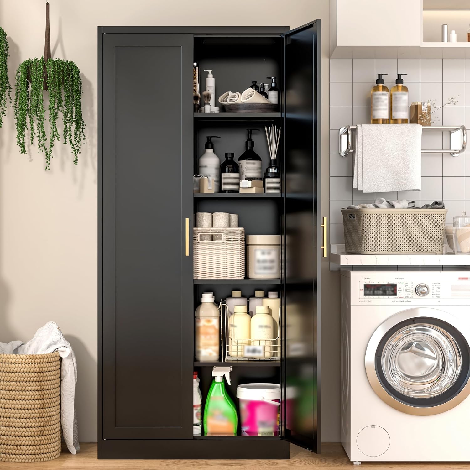 Kitchen Pantry Cabinet, 71”H Metal Storage Cabinet with Doors and 4 Adjustable Shelves, Black Pantry Cabinets for Kitchen, Living Room, Dining Room and Bathroom
