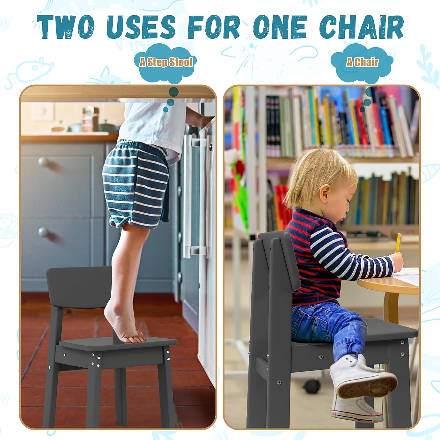 Costaelm Outdoor Kids Dining Chair Set of 2,Step Stool Toddler Chair, Gray