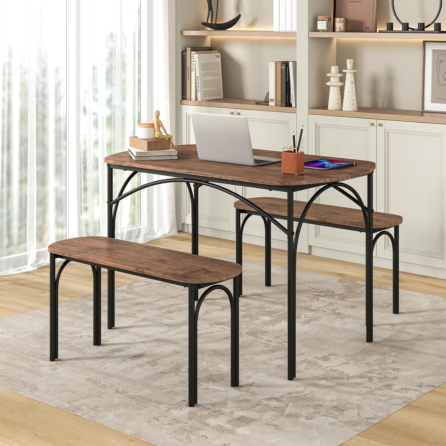 GOFLAME 3-Piece Dining Table Set for 4, Wooden Kitchen Table and 2 Benches Set with Metal Frame, Space-Saving Dinette Set for Living Room, Dining Room, Breakfast Nook, Small Space