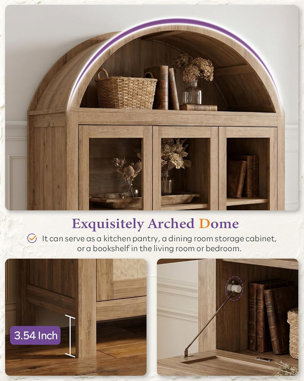 TYBOATLE 75'' Arched Cabinet Classic Farmhouse Design w/Three Glass Doors, Arch Cabinet w/Rattan Drawers and Anti-Tipping Device, Versatile Cupboard for Kitchen, Bathroom, Natural