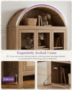 TYBOATLE 75'' Arched Cabinet Classic Farmhouse Design w/Three Glass Doors, Arch Cabinet w/Rattan Drawers and Anti-Tipping Device, Versatile Cupboard for Kitchen, Bathroom, Natural