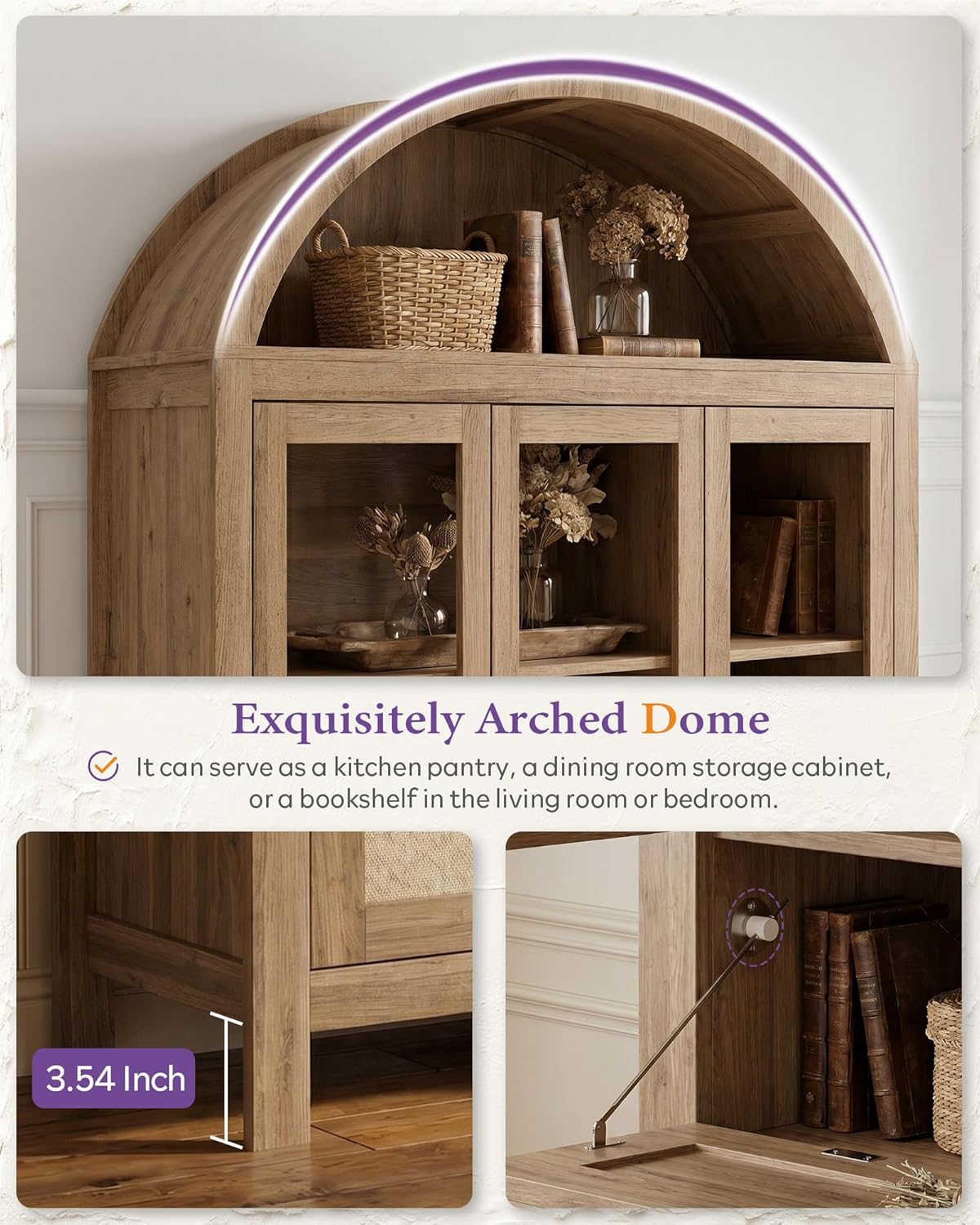 TYBOATLE 75'' Arched Cabinet Classic Farmhouse Design w/Three Glass Doors, Arch Cabinet w/Rattan Drawers and Anti-Tipping Device, Versatile Cupboard for Kitchen, Bathroom, Natural