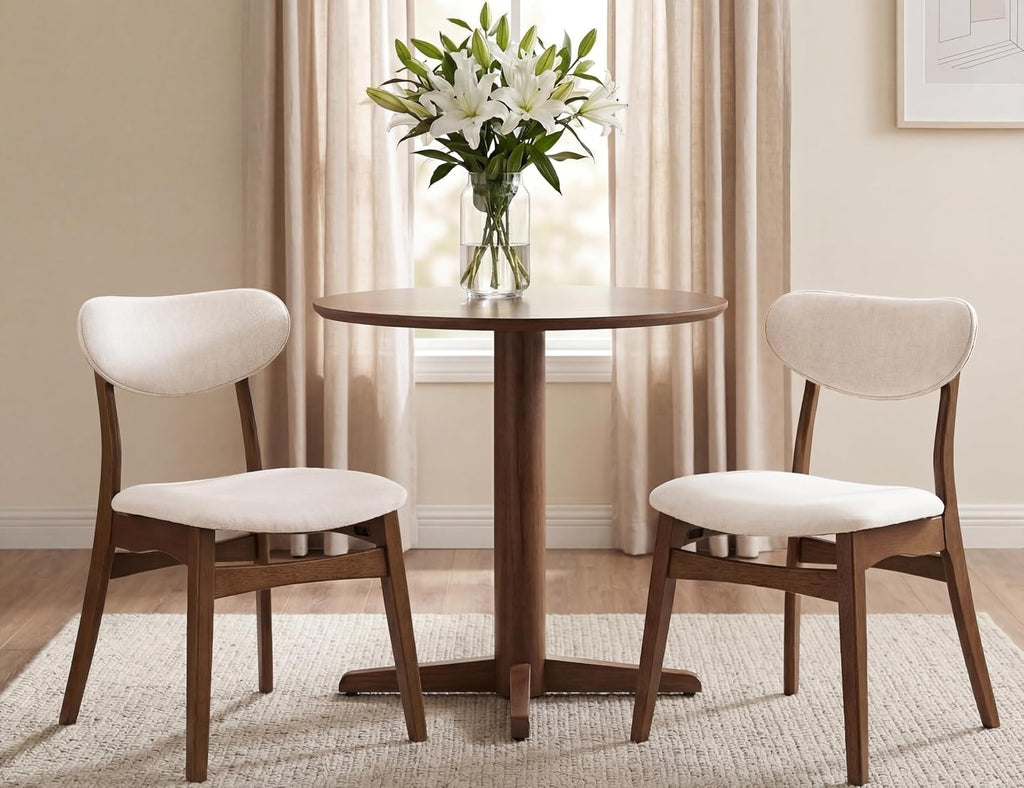 Wooden Dining Chairs Set of 2 - Farmhouse Fabric Upholstered Kitchen Chairs with Curved Back, Solid Wood Mid-Century Modern Side Chair for Dining Room, Beige & Walnut