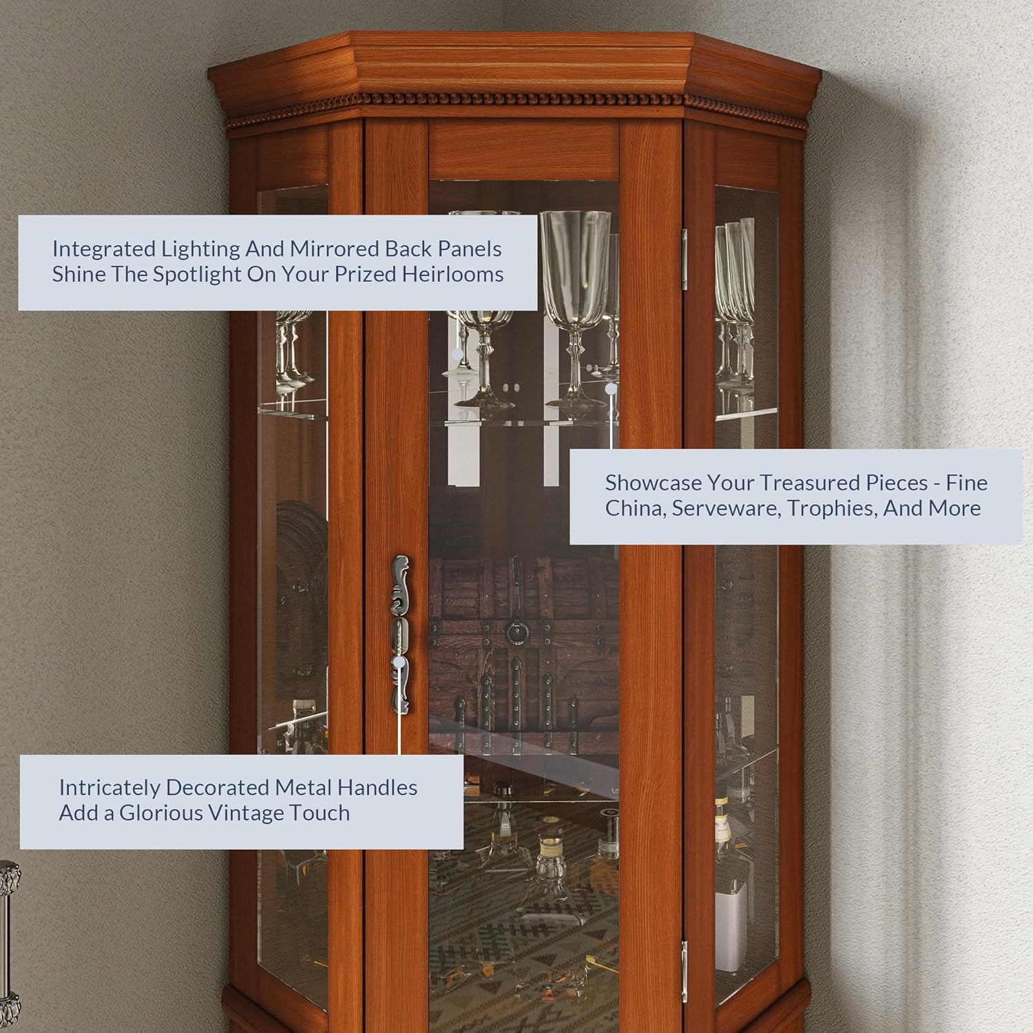 BELLEZE Lighted 3-Side Glass Display Curio Cabinet w/Tempered Glass Doors and Shelves, Accent Wooden Corner Cabinet with Bulb, Corner Storage Decoration Rack for Living Room