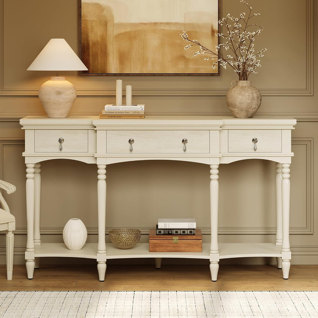Christopher Knight Home Cally Wood Console Table with Drawers & Bottom Shelf, Narrow Entryway Table with Turned Roman Legs, Traditional Rectangular Wall Table for Living Room Study Hallway, White