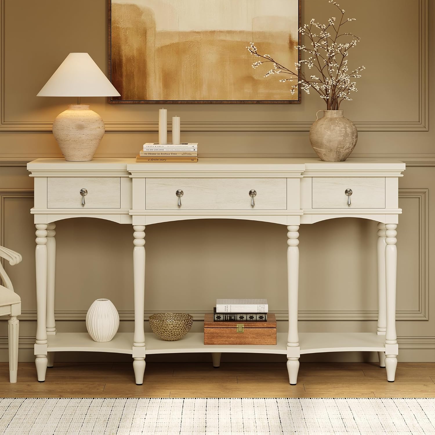 Christopher Knight Home Cally Wood Console Table with Drawers & Bottom Shelf, Narrow Entryway Table with Turned Roman Legs, Traditional Rectangular Wall Table for Living Room Study Hallway, White