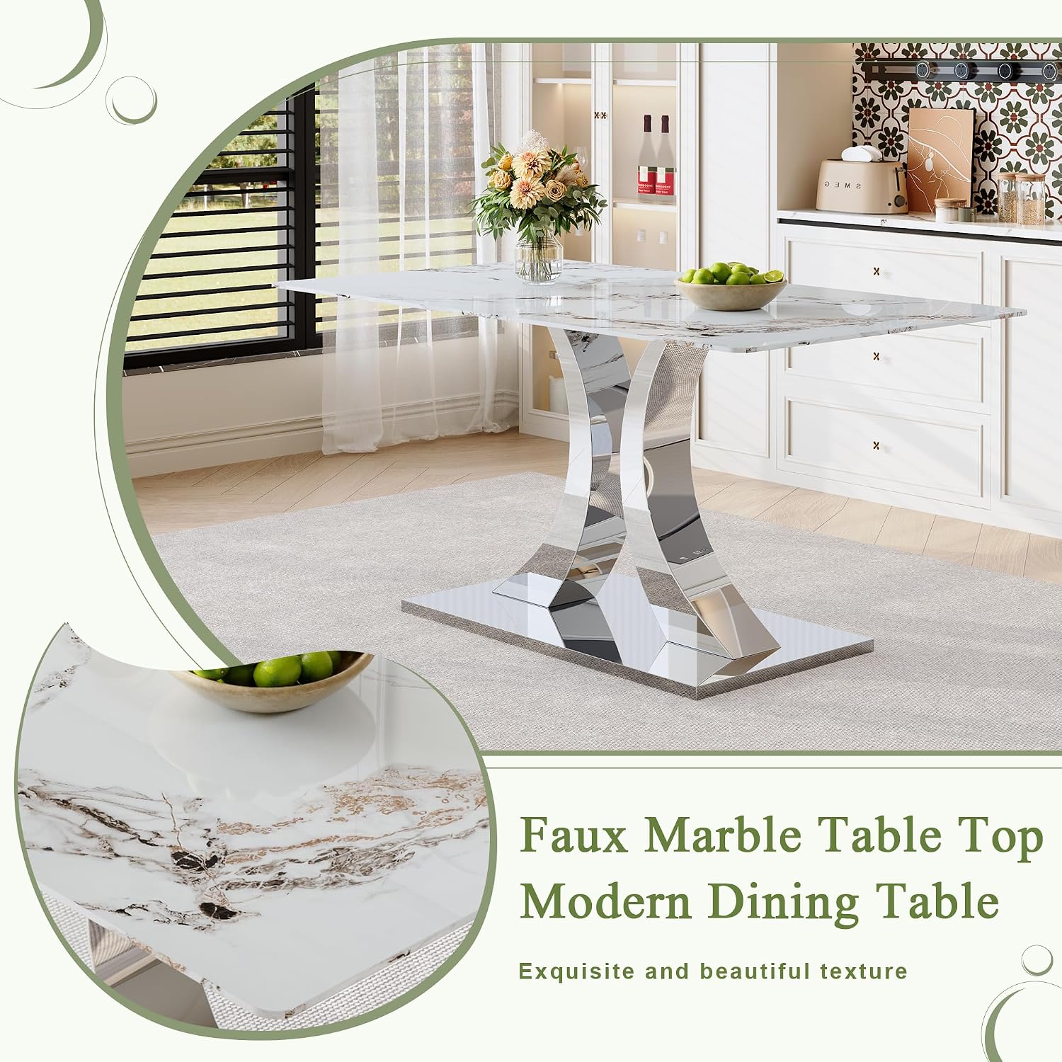 Modern Dining Table Set for 6,63'' Dining Room Table Set for 6 with Chairs,Rectangular Kitchen Table with Faux Marble Tabletop and DIY Chrome Legs,Glass Dining Table Set Ideal for Dining Room