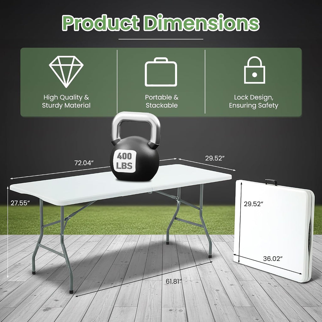 Folding Table 6FT Portable Heavy Duty Plastic Table with Carrying Handle Fold-in-Half Utility Foldable Tables for Parties Wedding Events Dining Indoor Outdoor Picnic (White)
