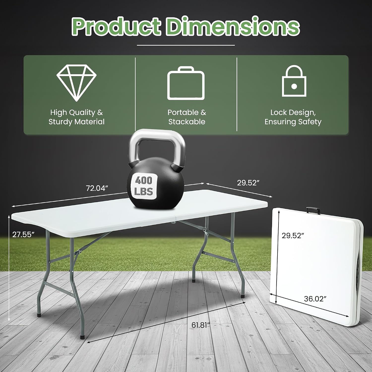 Folding Table 6FT Portable Heavy Duty Plastic Table with Carrying Handle Fold-in-Half Utility Foldable Tables for Parties Wedding Events Dining Indoor Outdoor Picnic (White)