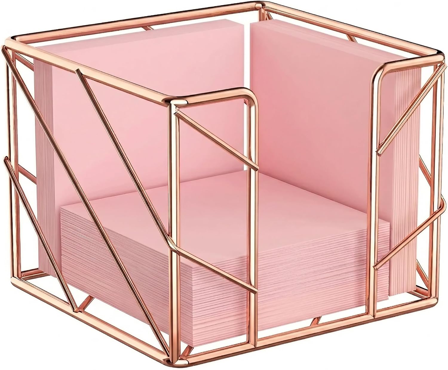 Rose Gold Geometric Sticky Note & Memo Cube Holder, Post Note Dispenser & Desk Organizer Metal Wire for Home, School, Office Supplies (Holder Only)