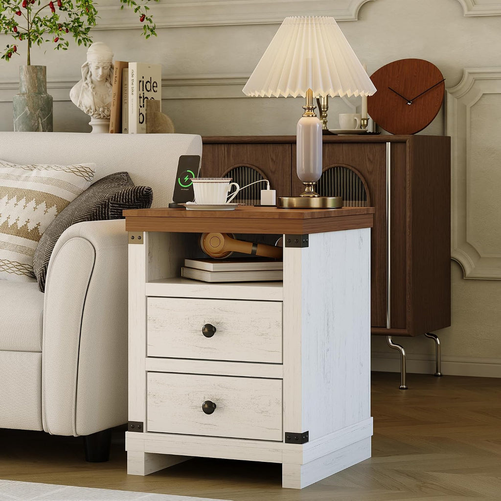 Garvee Farmhouse Nightstand with Charging Station, Set of 2 Modern Bedside End Table with 2 Drawers, USB Ports & Outlets, White Accent Table for Bedroom & Living Room, 18.11" w
