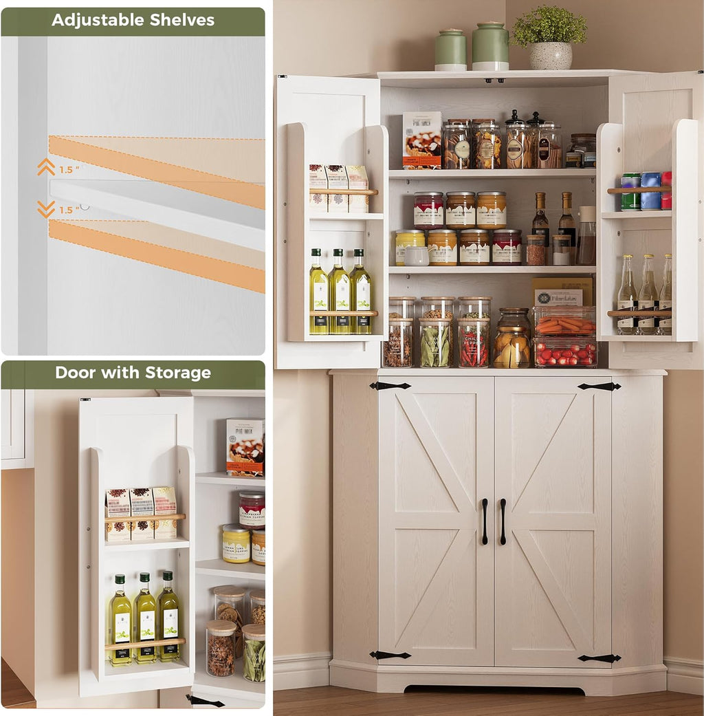 IRONCK Corner Cabinet, 72" Kitchen Pantry Cabinet, 6-Tier Freestanding Farmhouse Pantry with 2 Adjustable Shelves, 240°Swivel Doors, 2 Doors Storage, Spacious Hutch for Kitchen, Living Room, White