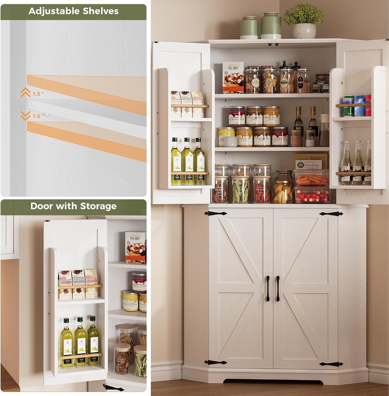 IRONCK Corner Cabinet, 72" Kitchen Pantry Cabinet, 6-Tier Freestanding Farmhouse Pantry with 2 Adjustable Shelves, 240°Swivel Doors, 2 Doors Storage, Spacious Hutch for Kitchen, Living Room, White