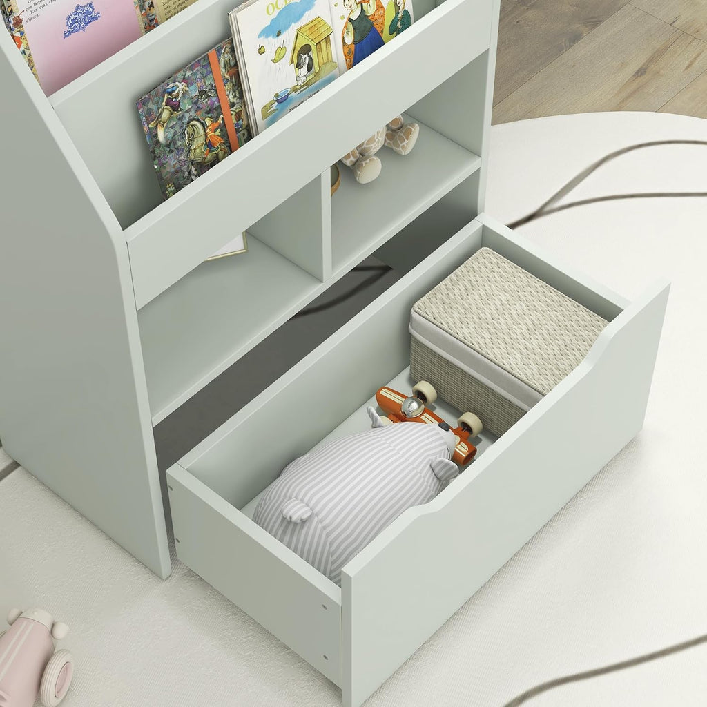 Bookcase Multi Shelf Rack Organizer with Storage Drawer for Books, Playroom, Pale Green