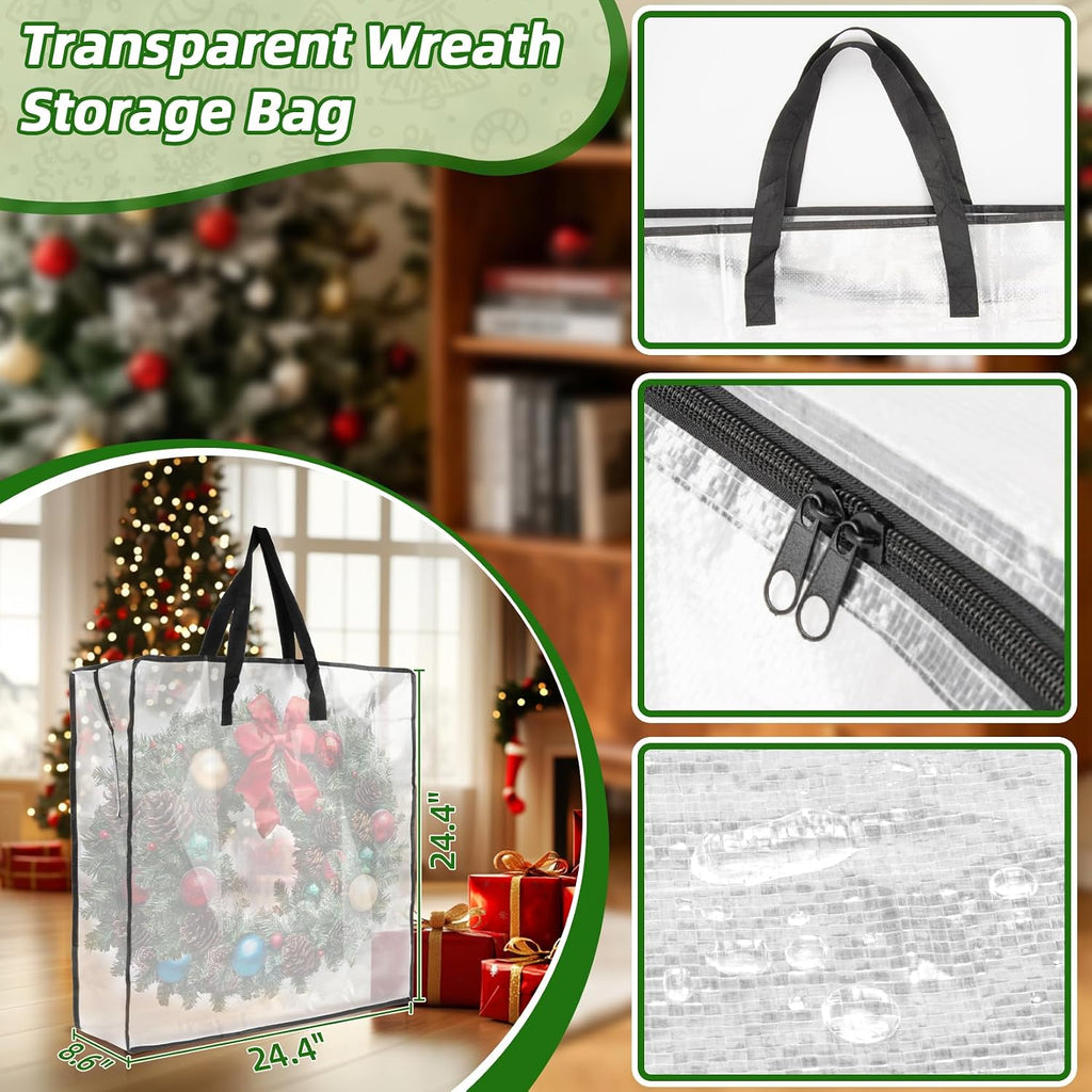 RAINFLOW Wreath Storage Container - 2 PCS Clear Moving Bags Heavy Duty for Christmas Wreaths Garland Clothes Gift Pillow Toy Plastic Storage Bag with Zipper Moving Supplies College Dorm(24 inch)