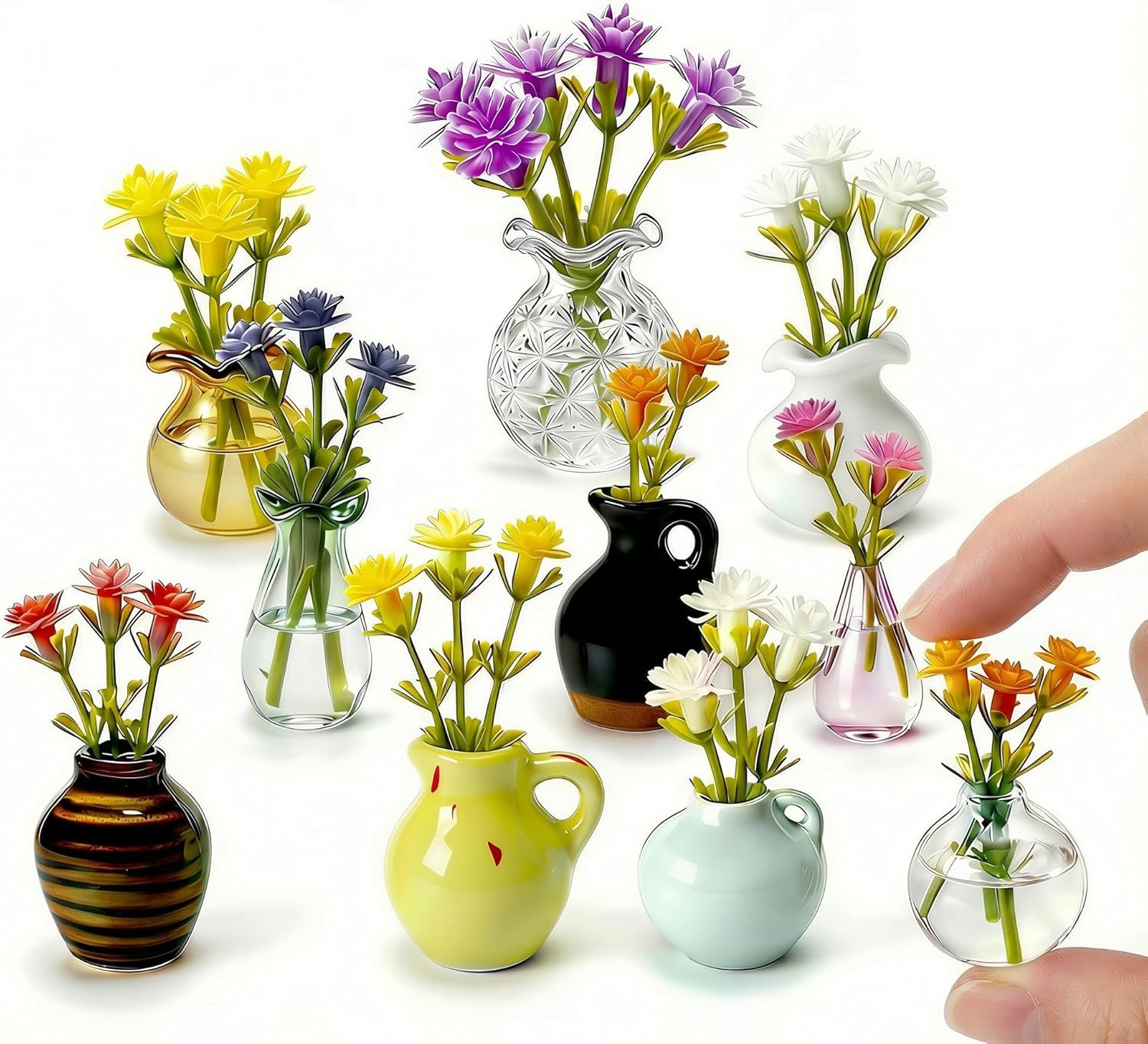 Hand-Blown Mini Vase Magnets for Fridge, Set of 10 Artisan Glass & Ceramic Bud Vases, Each One Unique, Tiny Garden Decor Gift for Mom, Teachers & Coworkers