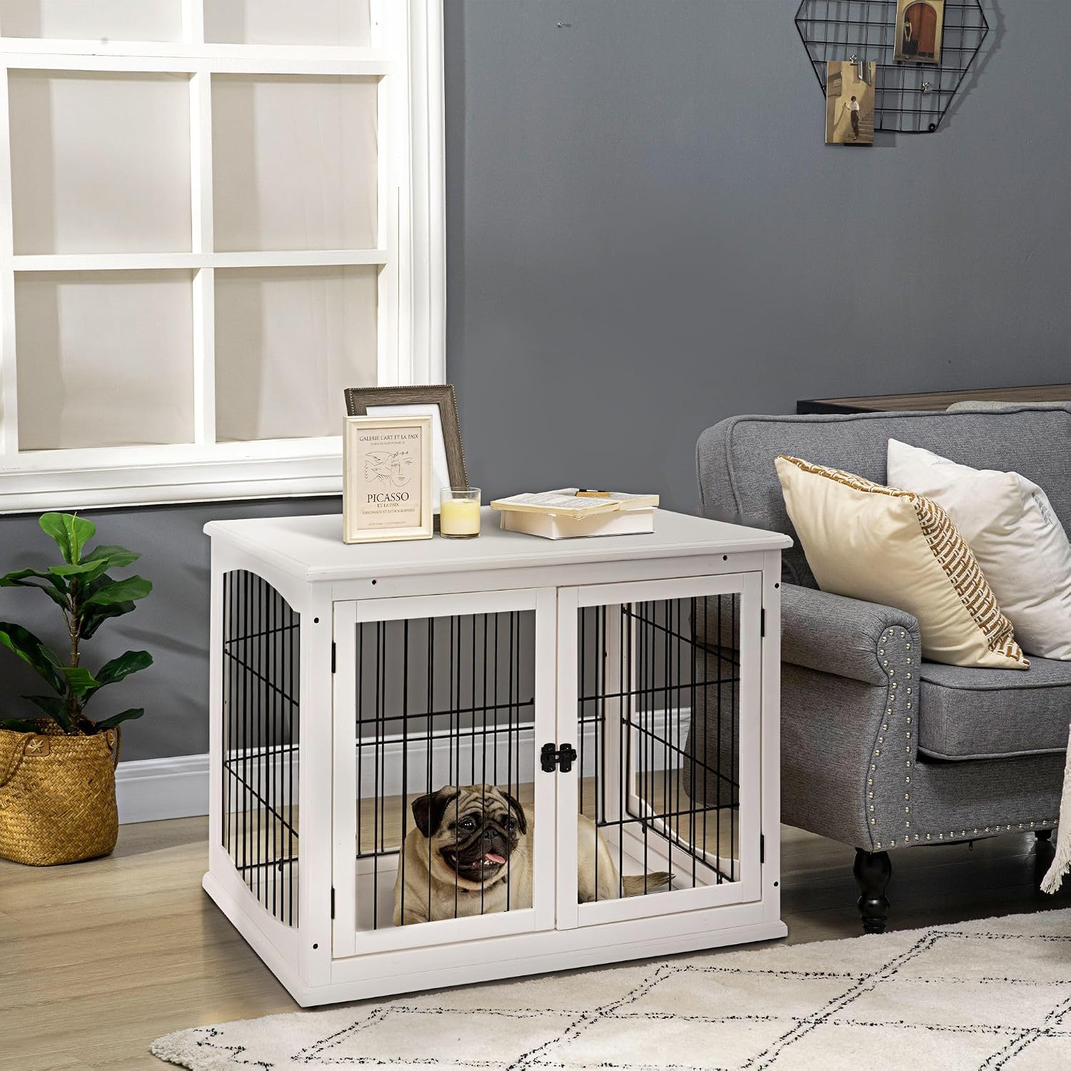 26-inch Durable Heavy-Duty Solid Premium Engineered Wood Dog End Table with Two Secure Lockable Doors and Expanded Storage Top Shelf White