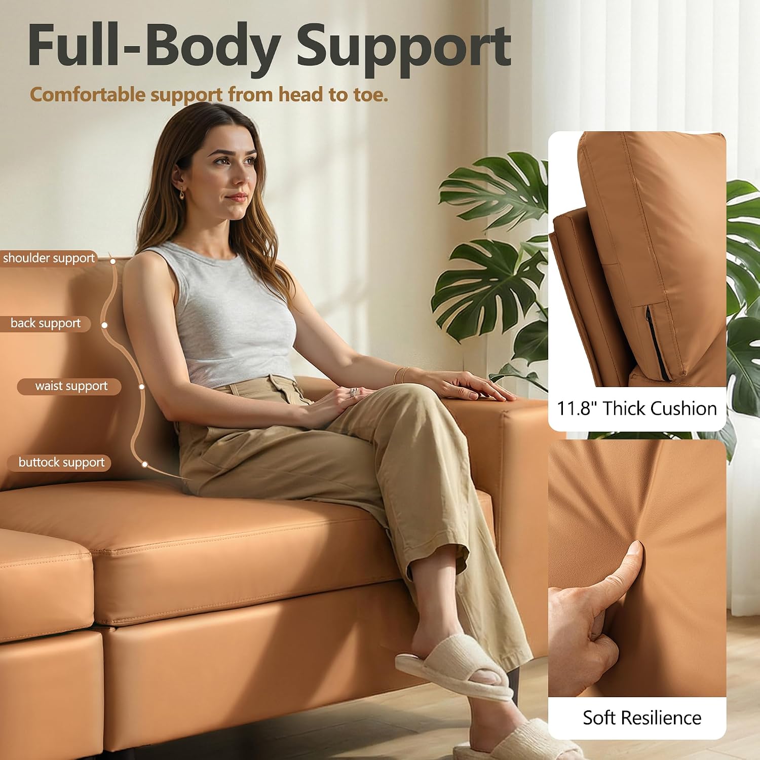 Leather Sectional Sofa, 117" Oversized Modular Sectional Couch, Deep Seat Scratch Resistant Faux Leather Couches, Wide L Shaped Vegan Leather Sofa, (Brown, 3-Seater & Ottoman)
