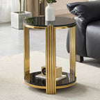 Henf Round Glass End Table Modern Luxury Accent Sofa Side Table, 2-Tier Black Glass End Tables Nightstand with Tempered Glass Top and Shiny Gold Stainless Steel Base for Living Room Bedroom